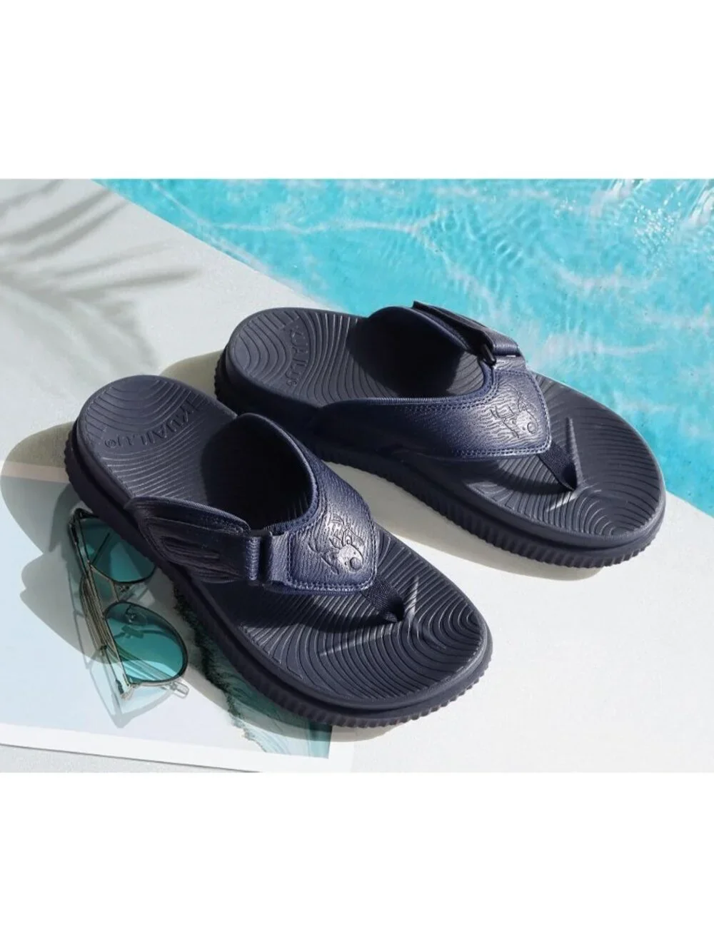 Men Dark Blue Adjustable Thick Athletic Cushion Orthotic Flip Flops Sandal Shoes
